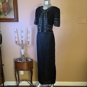 Vintage Laurence Kazar Black Silk Beaded Gown.  Sz M